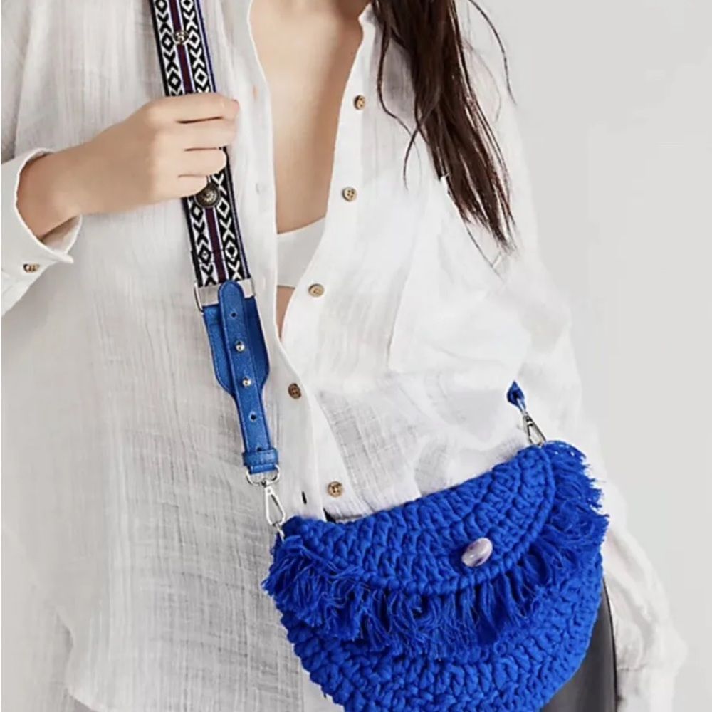 Free People Macrame Moon Crossbody Bag Metal Concha Strap Fray Trim Blue